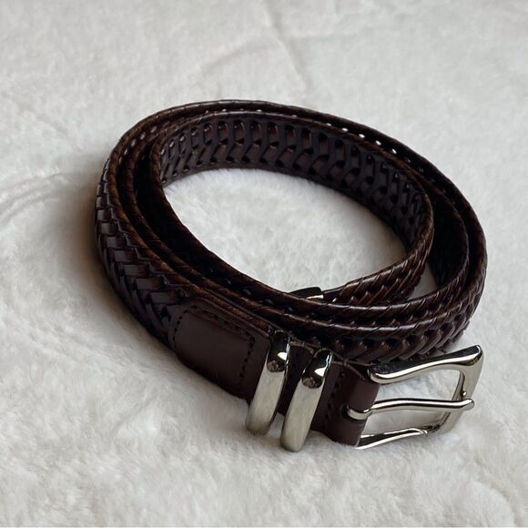 Perry Ellis Brown Woven Leather Belt With Silver Buckle Size 42 - Picture 1 of 9